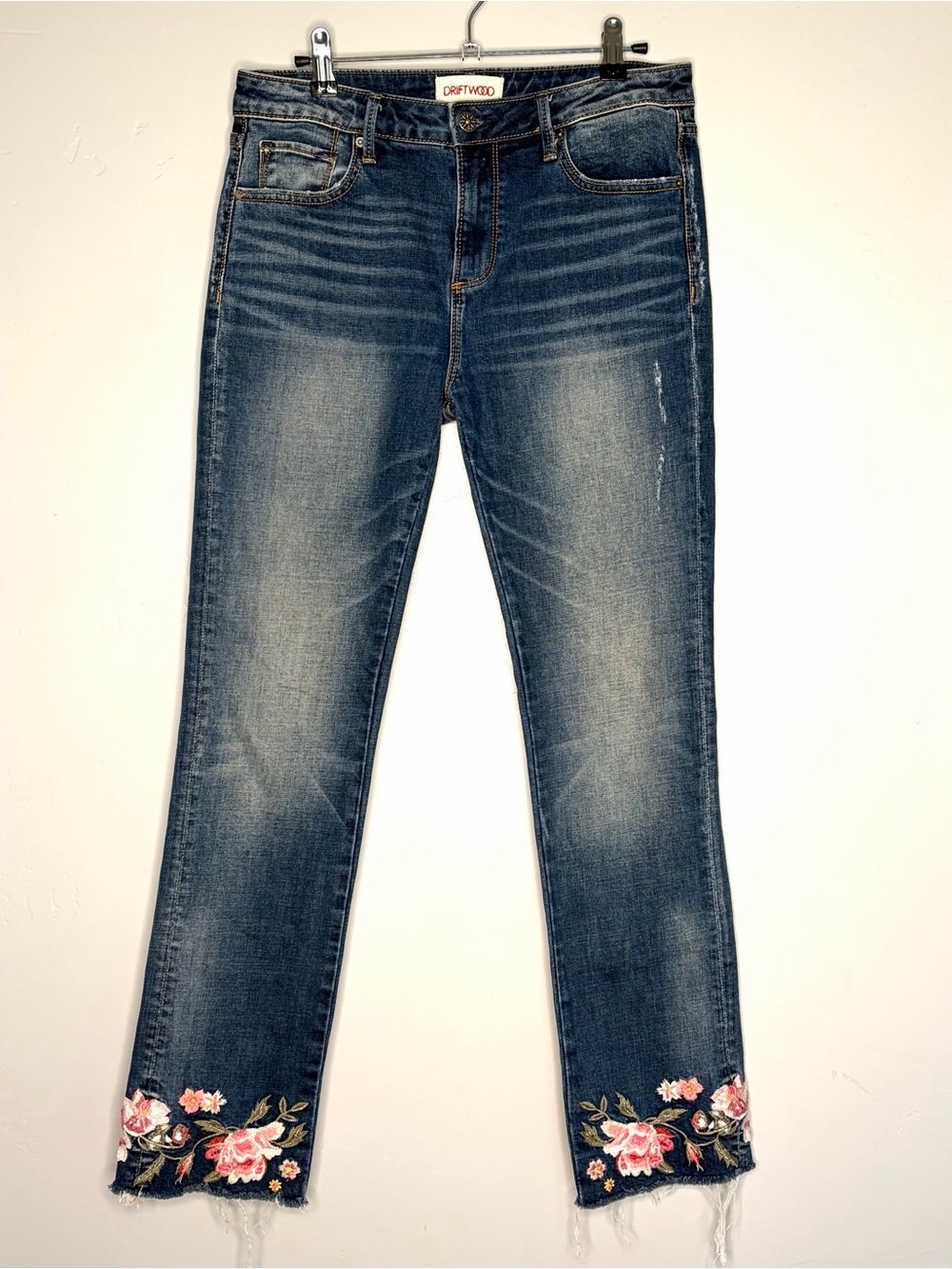 DRIFTWOOD Blue Cropped Jeans with Pink Floral Embroidery